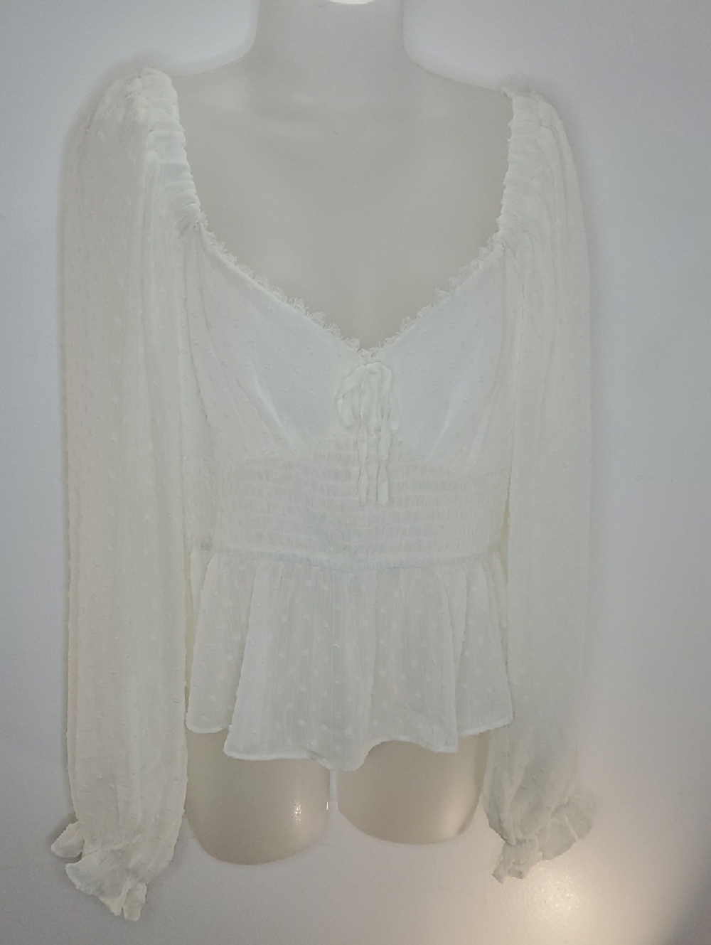 Francesca's Collections White Swiss Dot Smocked Peplum Blouse